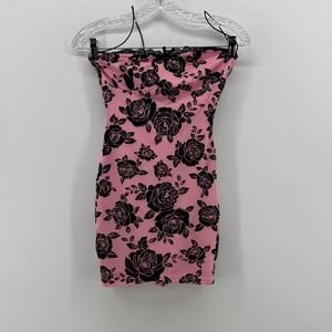 New Pink Black Velvet Flocked Floral Mesh Strapless Mini Dress Pink Size M
